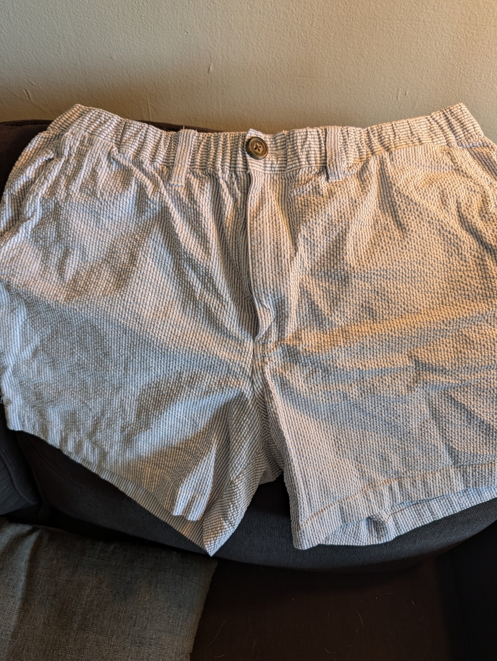 Men's Seersucker Elastic-Waist Shorts - Blue & White XL